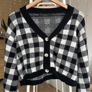 Black White Gingham Buffalo Check Cropped Button Down Cardigan Size Small
